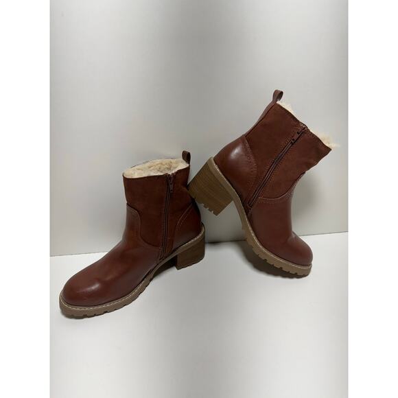 Chunky Block Heel Women’s Faux Fur Lined Ankle Boots Sz 9.5 Camel Brown - Picture 1 of 8